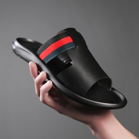 MEN'S GENUINE LEATHER STRIPED FRONT SLIPPERZ - Picture 2 of 16